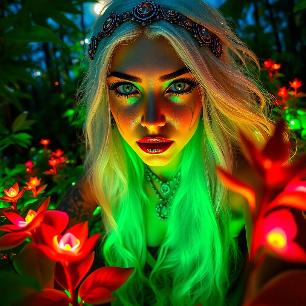 AI generated art for prompt: Imagine a captivating portrait photograph of an ancient sorceress with mesmerizing green eyes and fu