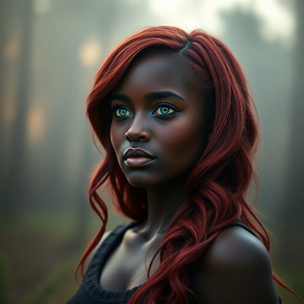 AI generated art for prompt: Imagine a photorealistic portrait of a young Sub-Saharan African woman with vibrant red hair, her lo