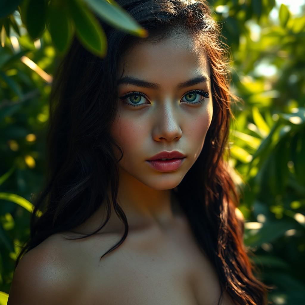 AI generated art for prompt: A portrait photograph showcasing a mysterious Micronesian woman with enigmatic green eyes and cascad