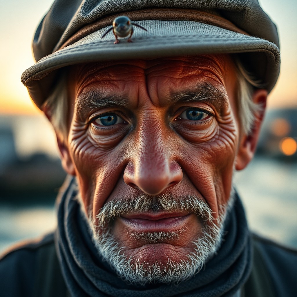 AI generated art for prompt: Create a captivating portrait photograph taken with a film camera, showcasing an aged fisherman's re