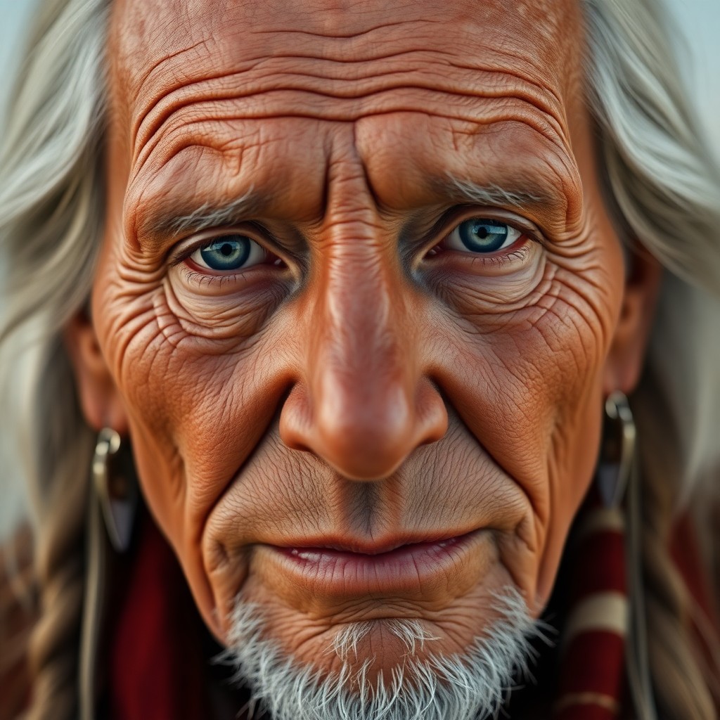 AI generated art for prompt: Craft a hyper-realistic digital portrait of an elderly Native American man with a serene expression 