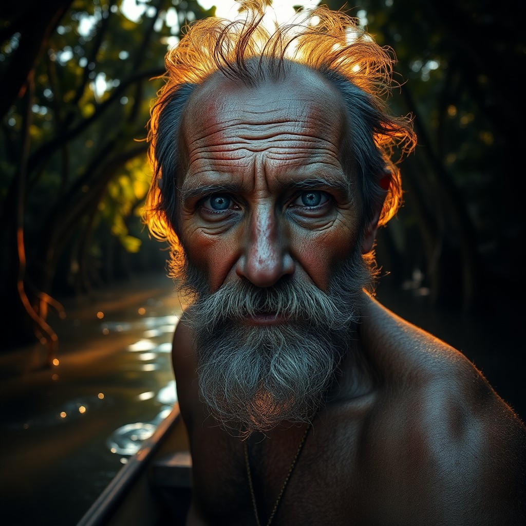 AI generated art for prompt: A photorealistic portrait captures a weathered fisherman with sun-kissed skin and a grizzled beard, 