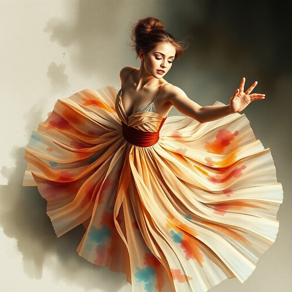 AI generated art for prompt: Envision a captivating portrait of a dancer's graceful mid-twirl, captured from an artistic 'bird's-