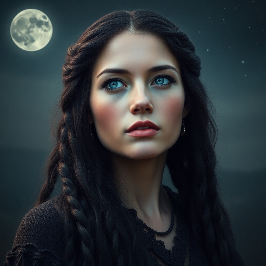 AI generated art for prompt: Craft a hauntingly beautiful portrait of an enigmatic Andean woman with porcelain skin and raven hai