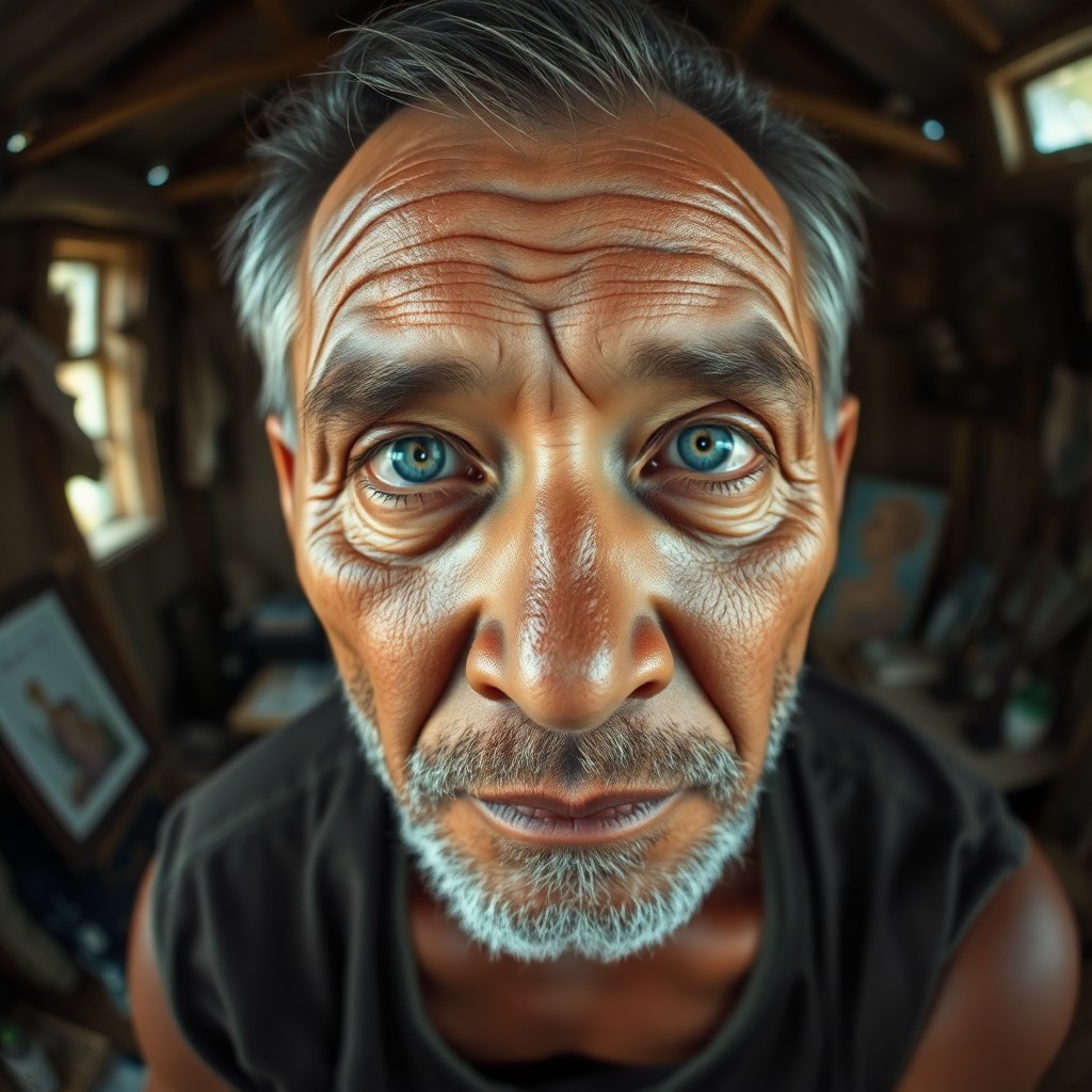 AI generated art for prompt: A super-realistic portrait depicts a middle-aged Micronesian man with rugged features and distant bl