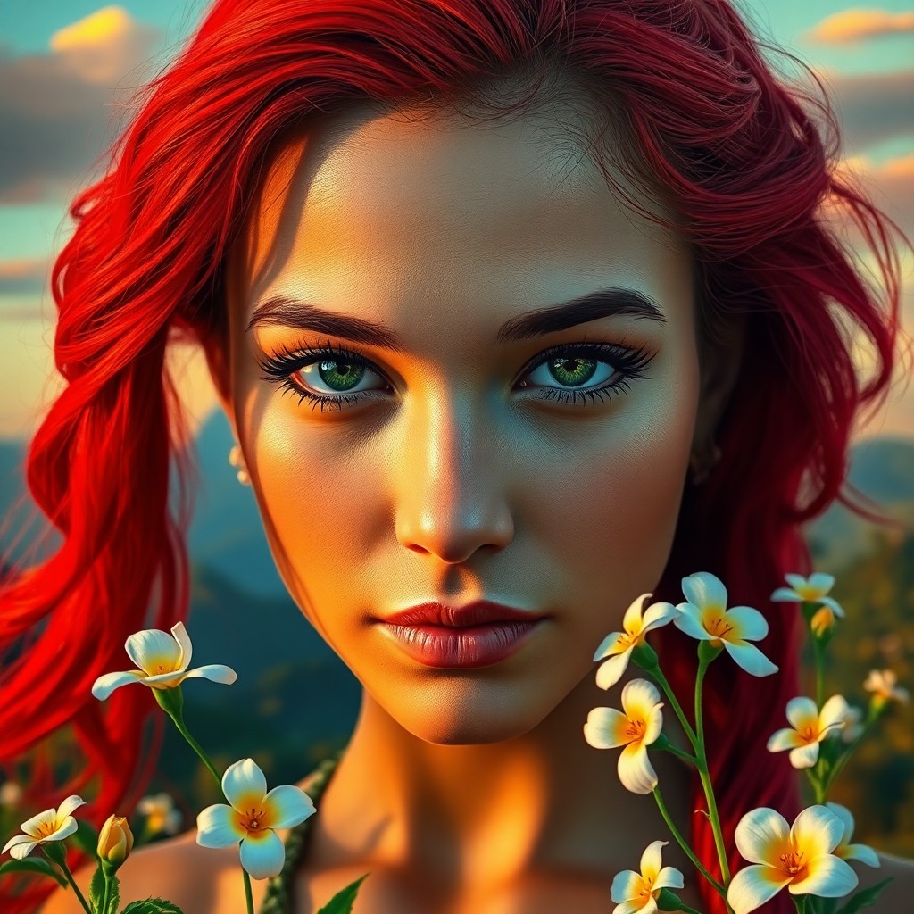 AI generated art for prompt: Craft a captivating portrait of a young Polynesian woman with vibrant red hair framing her face and 