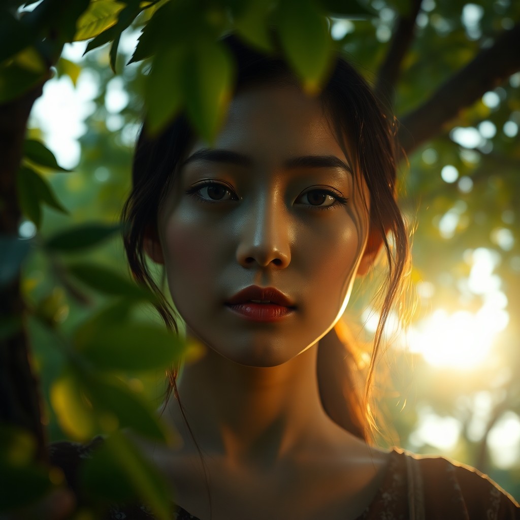 AI generated art for prompt: Craft a photorealistic portrait photograph exuding an enigmatic East Asian woman enveloped in soft t