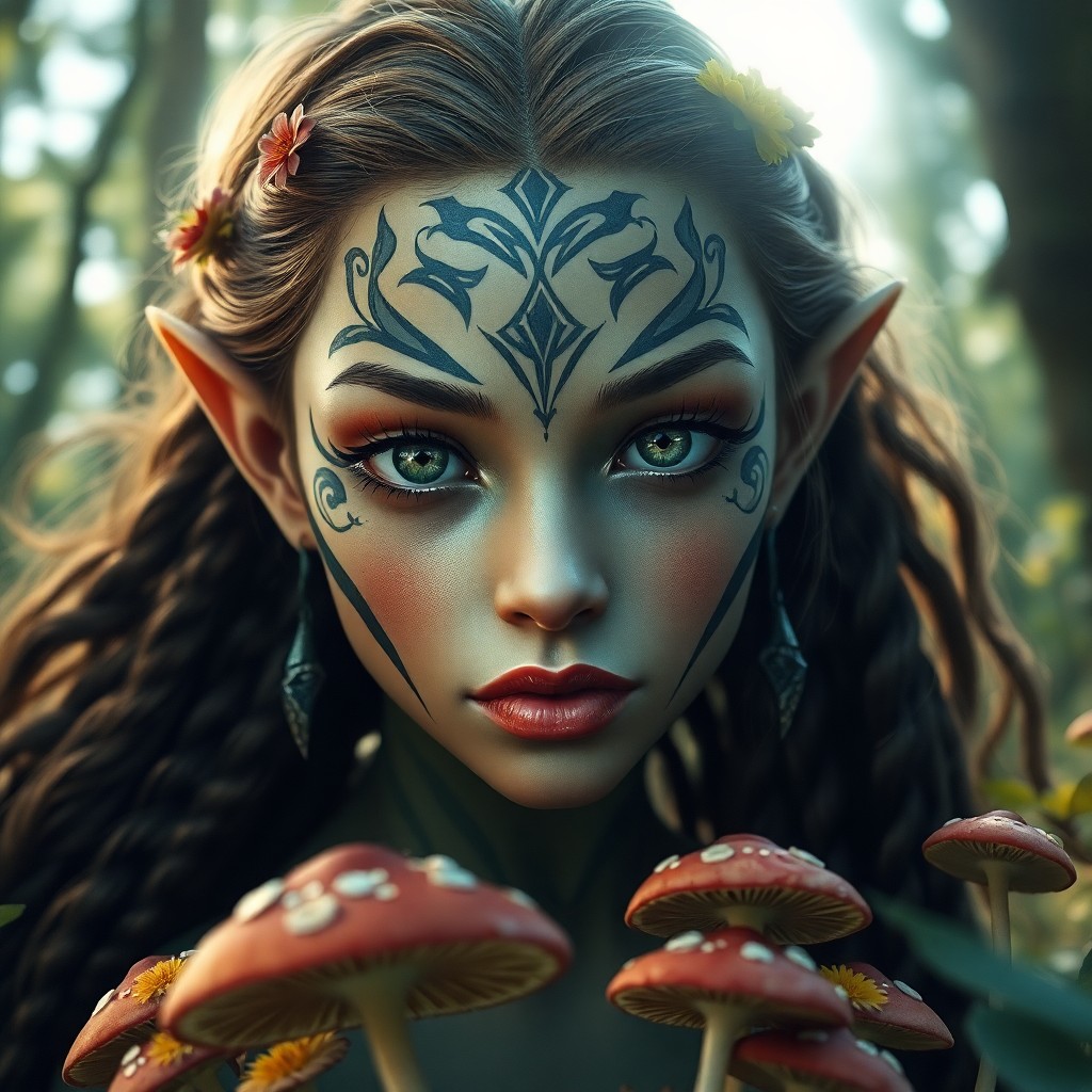 AI generated art for prompt: A captivating portrait of an enchanting female elf with intricate facial tattoos adorning her high c