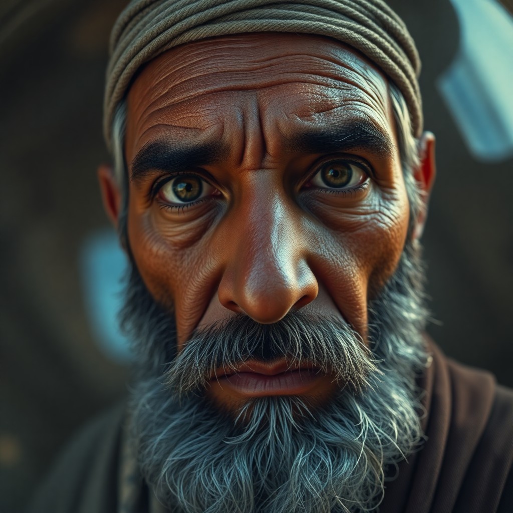 AI generated art for prompt: A highly detailed hyperrealistic portrait presents a middle-aged North African man with weathered sk