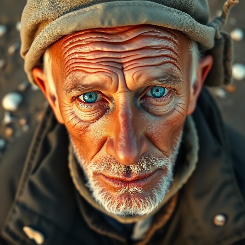 AI generated art for prompt: Craft a hyperrealistic portrait of an antique sailor with sun-kissed skin and clouded blue eyes. He 