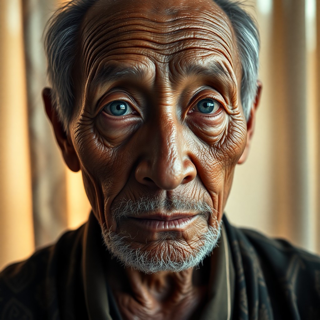 AI generated art for prompt: A close-up portrait of an elderly East Asian man with deeply etched wrinkles and gentle blue eyes, e