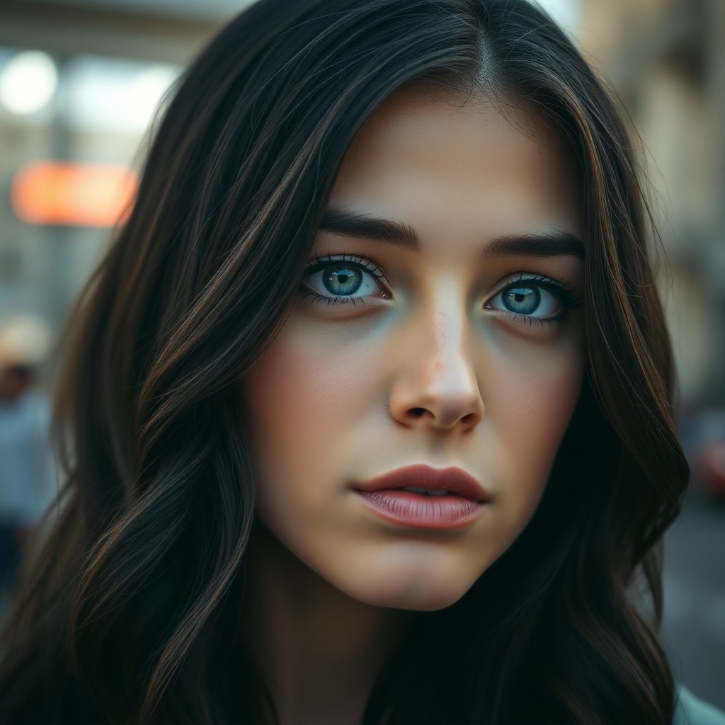 AI generated art for prompt: A photorealistic portrait of a young Mediterranean woman with tender blue eyes and long, wavy dark h