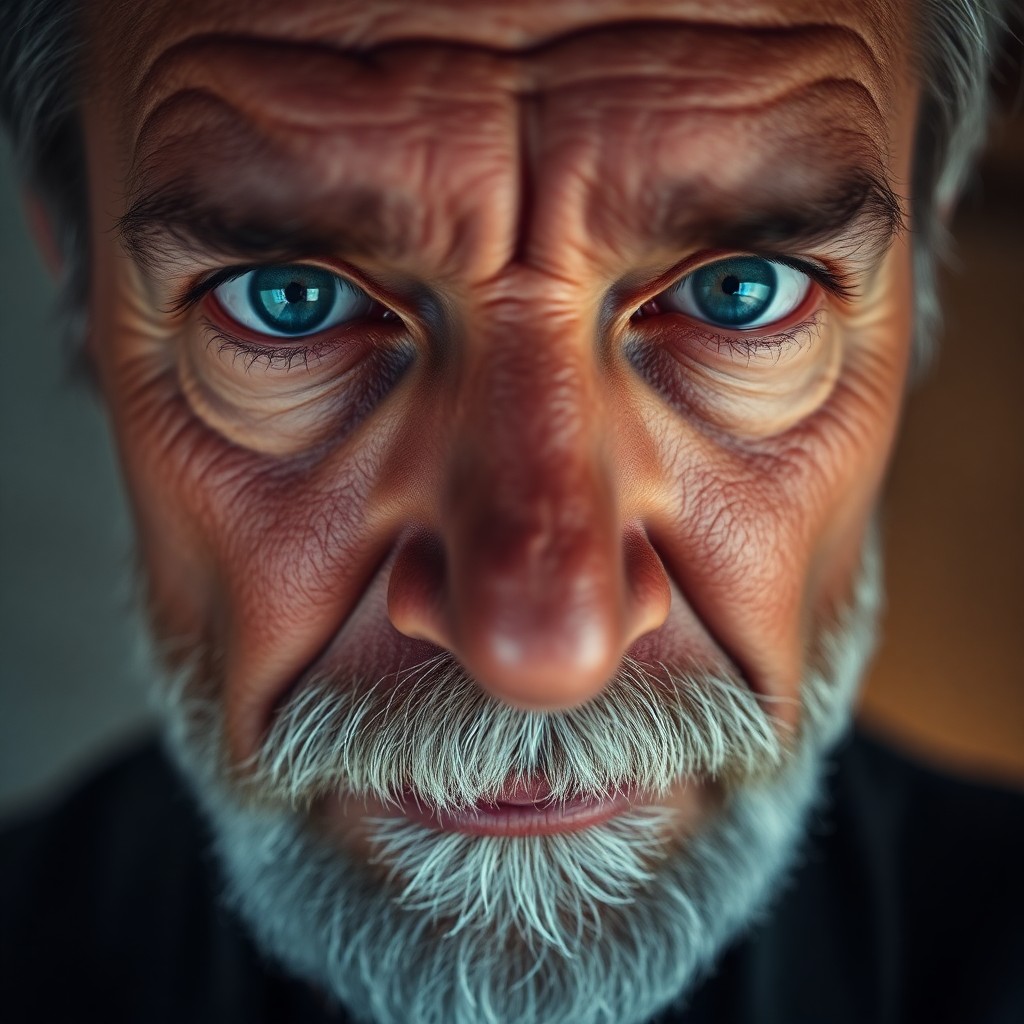 AI generated art for prompt: Craft a DSLR portrait of a pensive middle-aged Latin American man with warm blue eyes and a well-gro