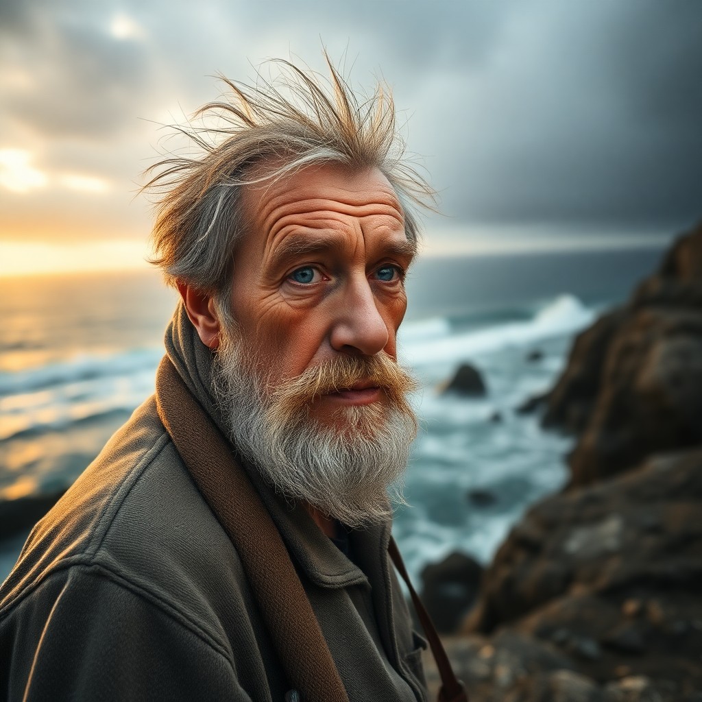 AI generated art for prompt: A DSLR captures a portrait of an old-fashioned fisherman with kind blue eyes and a lined face illumi