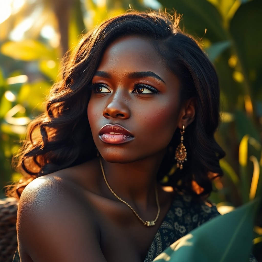 AI generated art for prompt: Imagine a captivating portrait of a Caribbean woman with striking features and mesmerizing eyes, gra