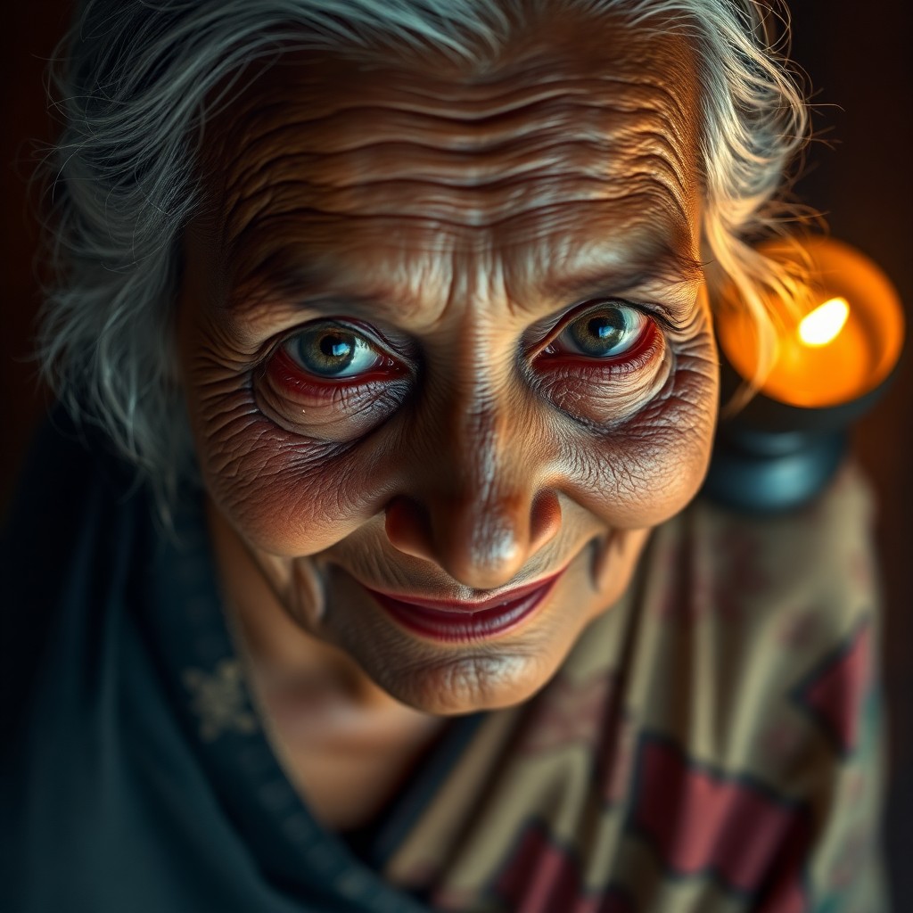 AI generated art for prompt: Depict a middle-aged South Asian woman with distinctive creases around her eyes and an enigmatic smi