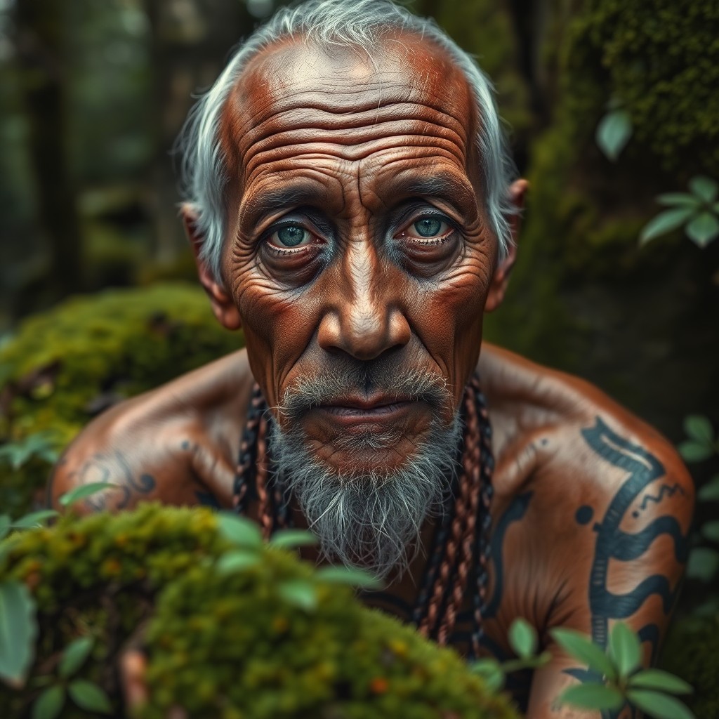 AI generated art for prompt: A captivating superrealistic portrait of a world-weary yet wise indigenous elder with compassionate 