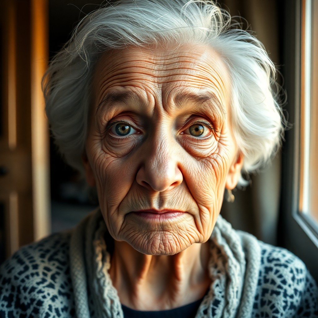 AI generated art for prompt: A photorealistic portrait with a 'bug's-eye view' perspective showcases an elderly Eastern European 