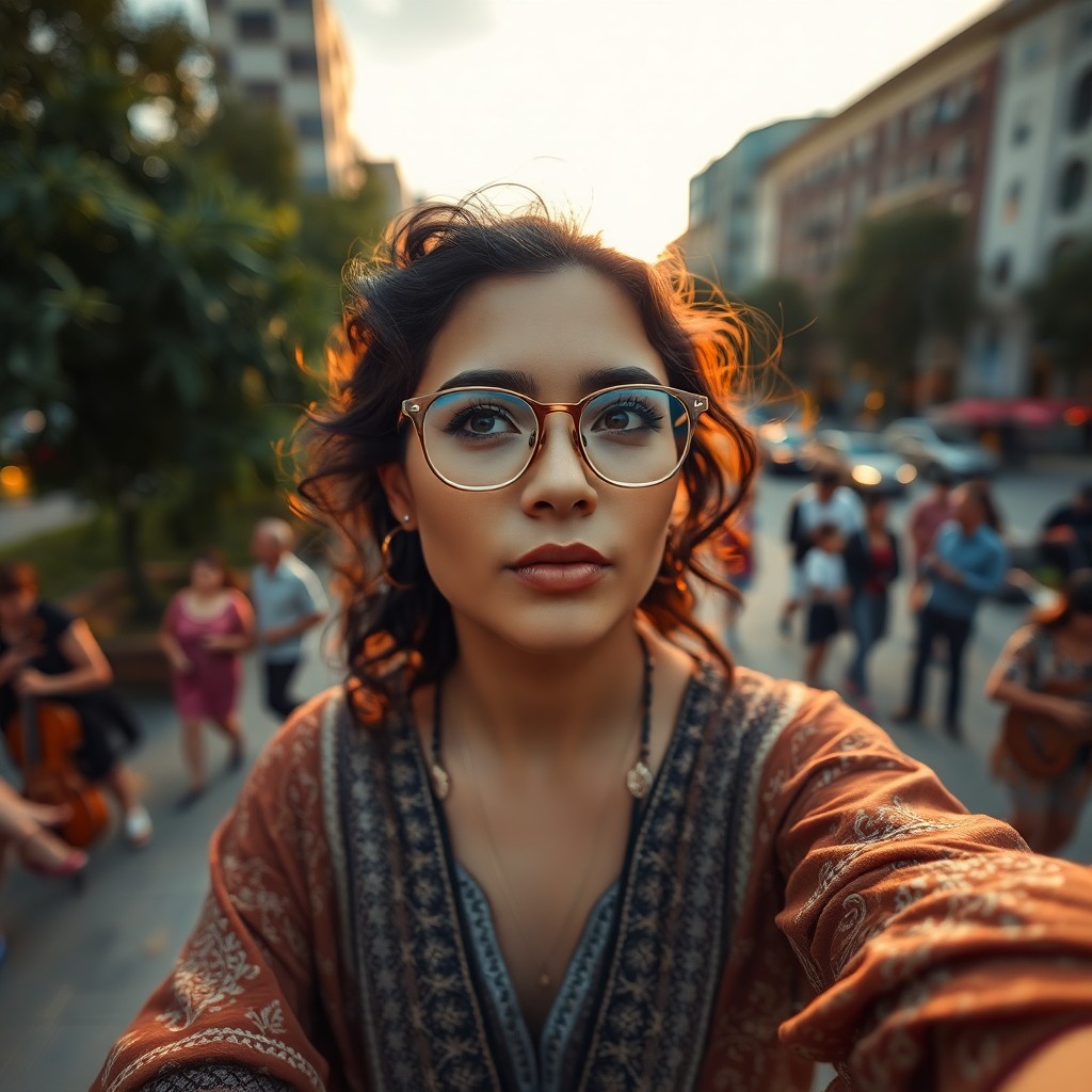 AI generated art for prompt: An enchanting portrait of an Andean woman with captivating silver eyes and wavy hair styled in loose