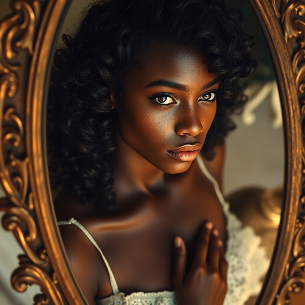 AI generated art for prompt: Imagine a hyperrealistic portrait of an African woman with porcelain skin and dark, wavy locks bathe