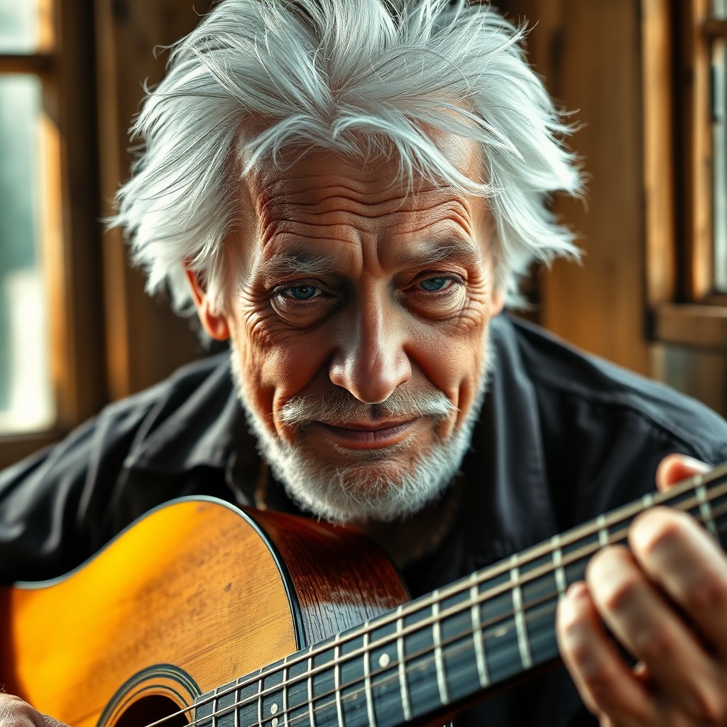 AI generated art for prompt: Craft a photorealistic portrait of a seasoned musician, highlighting their weathered features: intri