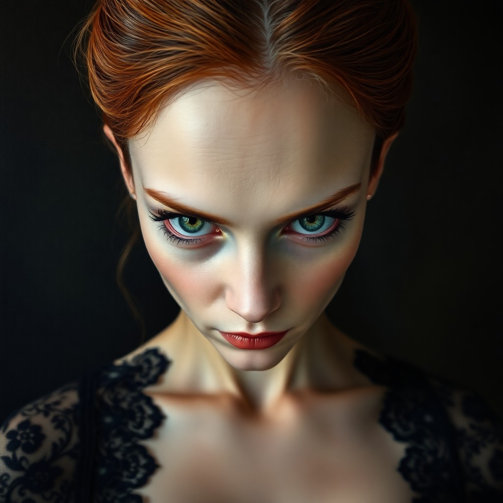 AI generated art for prompt: Craft a photorealistic oil painting portrait capturing the intense gaze of a mysterious woman with t