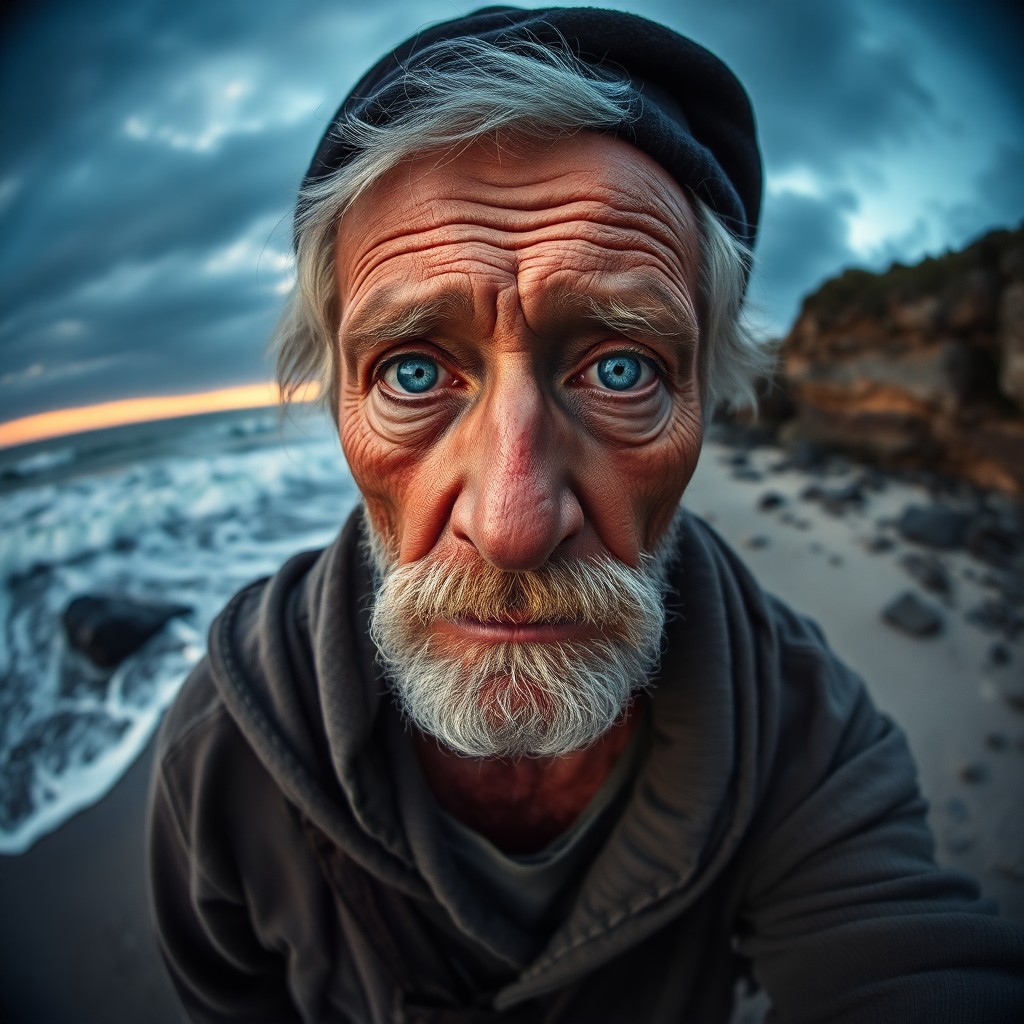 AI generated art for prompt: Craft a photorealistic portrait of an elderly sailor with kind blue eyes and wrinkled skin, captured