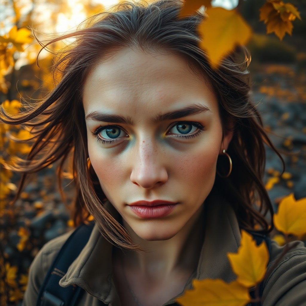 AI generated art for prompt: A photorealistic portrait photograph showcases an open forest ranger with sun-kissed skin and windbl