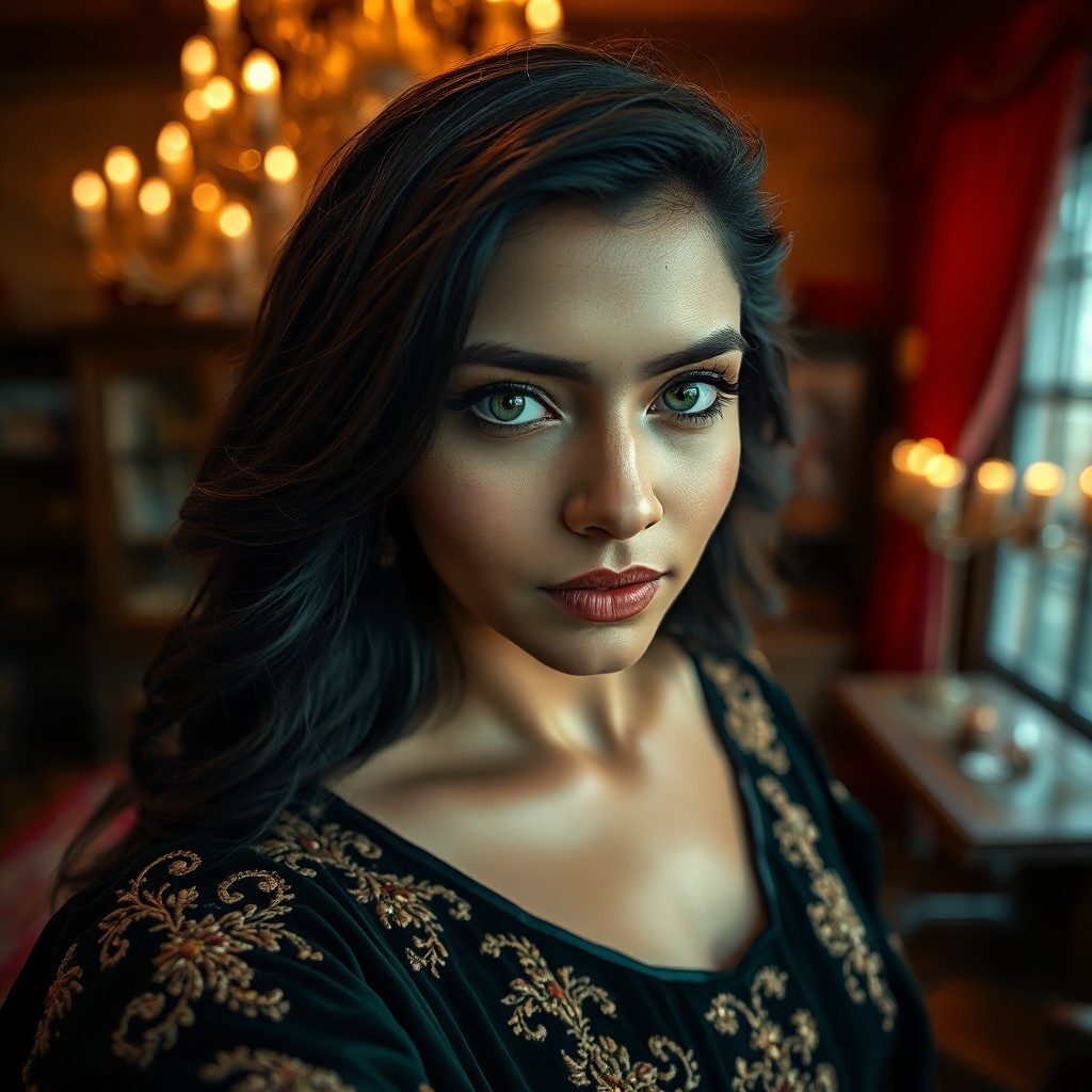 AI generated art for prompt: An iPhone portrait showcases a South Asian woman with captivating emerald eyes and raven hair flowin