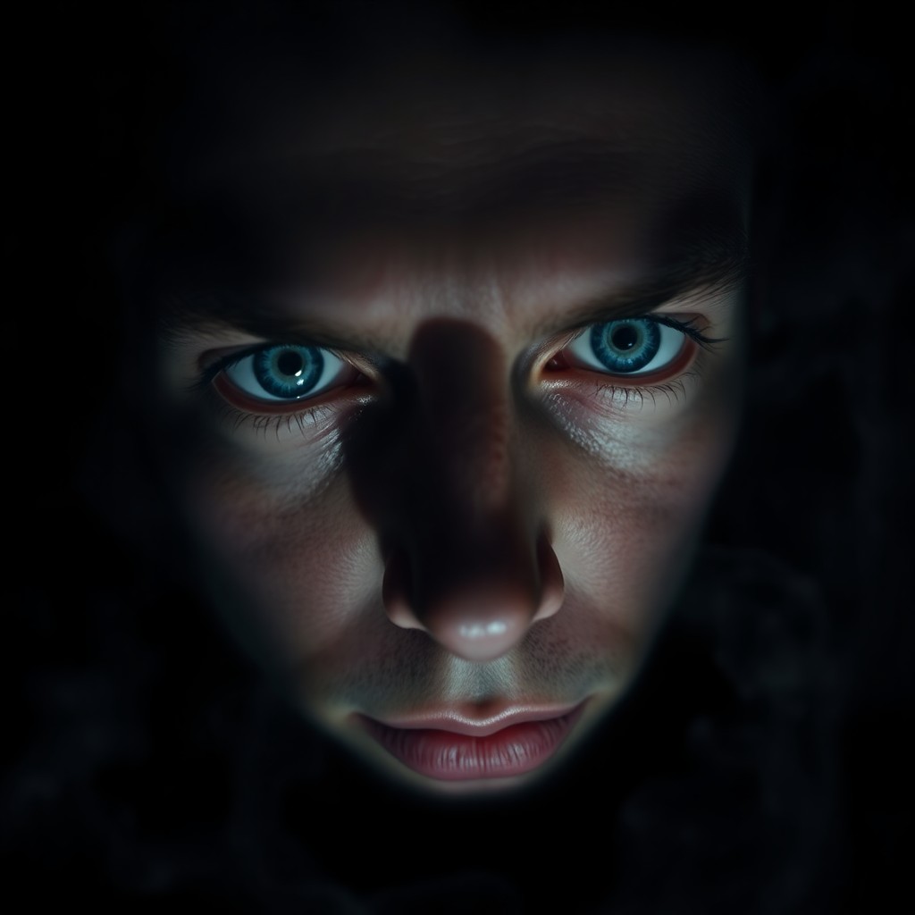 AI generated art for prompt: A photorealistic portrait photograph captures a mysterious figure's intense gaze, their placid blue 