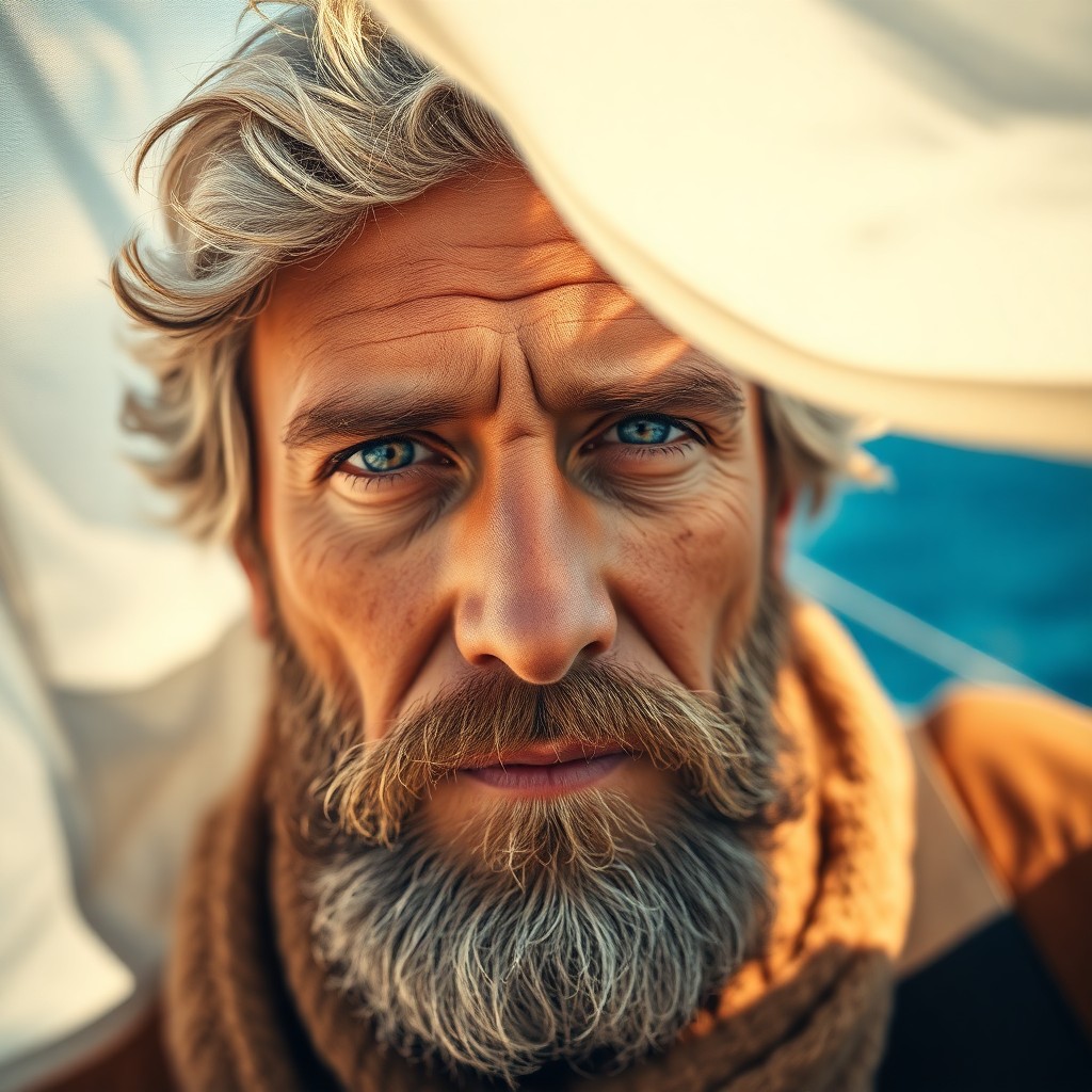 AI generated art for prompt: Visualize a captivating close-up portrait of a weathered sailor with rugged features and compassiona