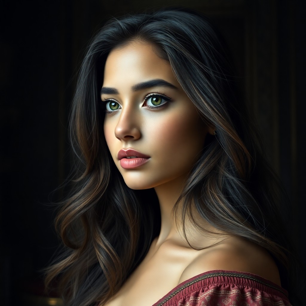 AI generated art for prompt: Craft a hyper-realistic portrait of a crisp-featured young South Asian woman with porcelain skin and