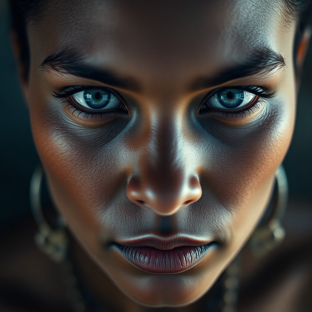 AI generated art for prompt: Craft a hyperrealistic portrait of an enigmatic Melanesian woman with clouded blue eyes and porcelai