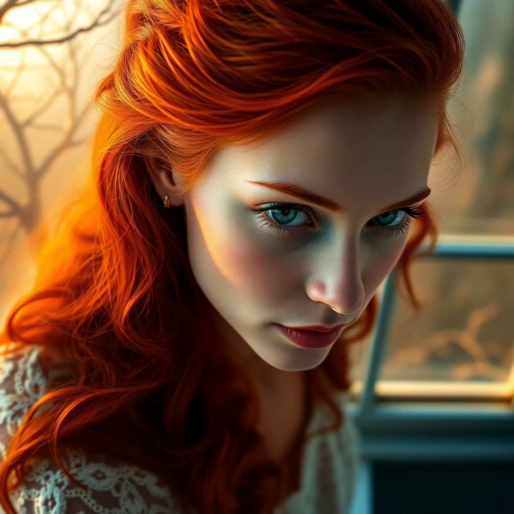 AI generated art for prompt: Envision a captivating portrait of a youthful Slavic woman with porcelain skin and fiery red curls c