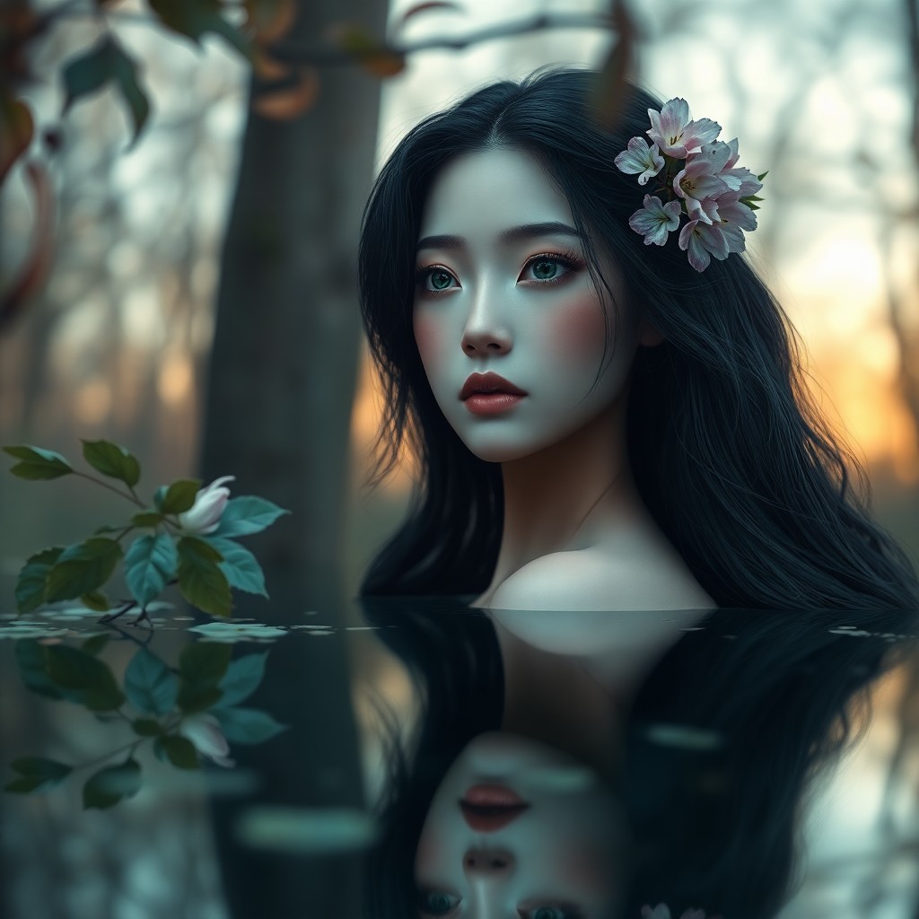 AI generated art for prompt: Craft a photorealistic portrait of an East Asian woman with emerald eyes and porcelain skin, her lon