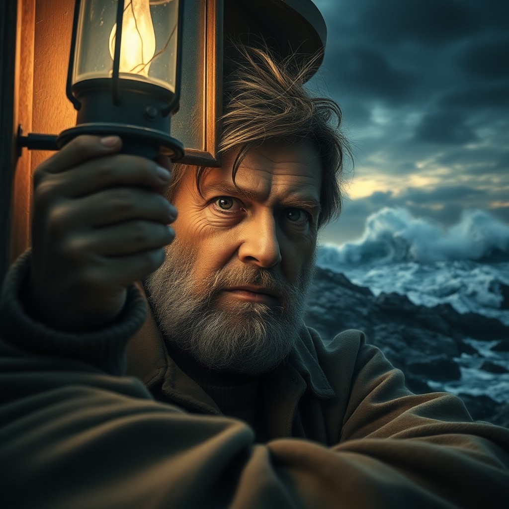 AI generated art for prompt: Imagine an ultrarealistic portrait of a shabby-chic lighthouse keeper with a rugged face set against