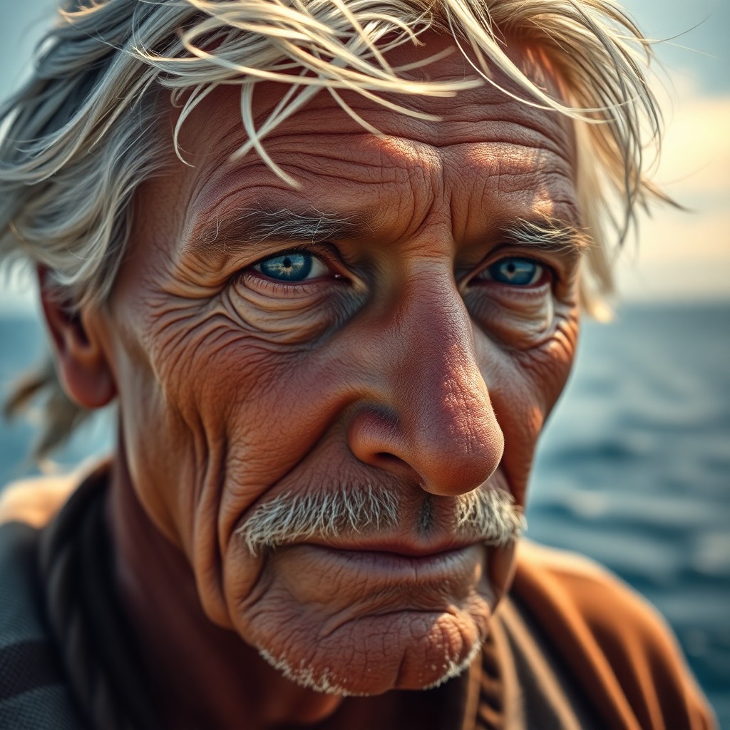 AI generated art for prompt: Create a photorealistic portrait of an aged fisherman with sun-kissed skin and hazy blue eyes, their