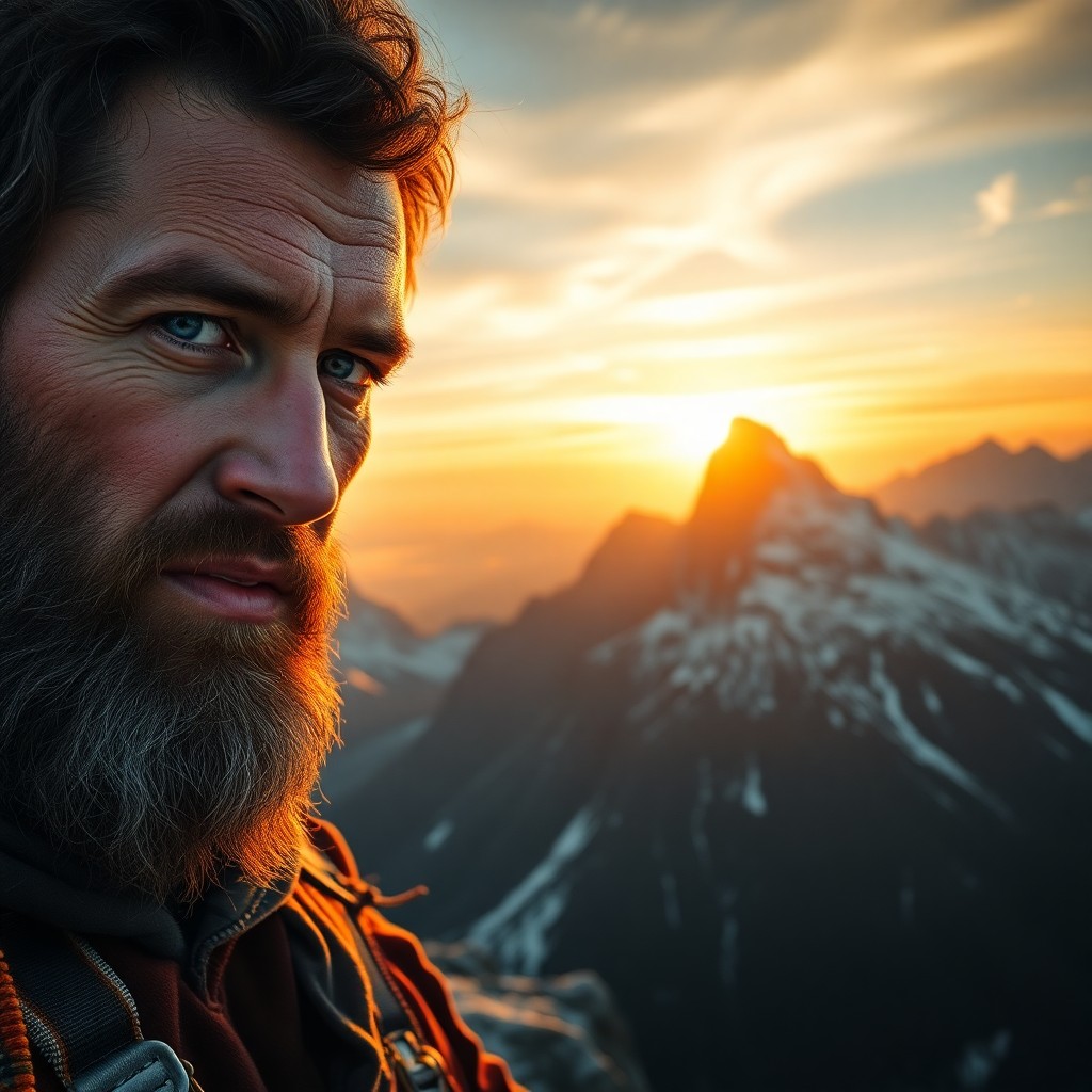 AI generated art for prompt: Envision a photorealistic portrait of a rugged mountain climber, his bearded face etched with determ