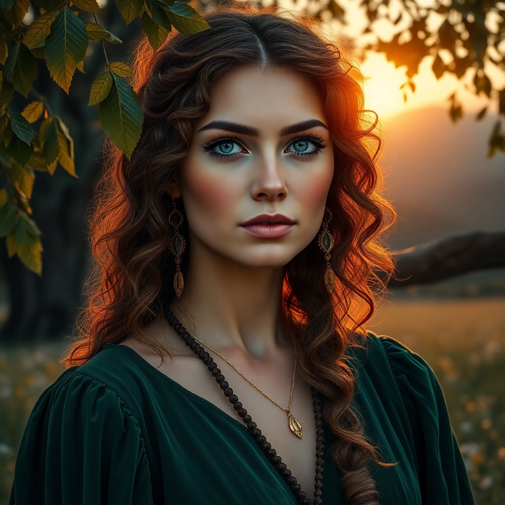 AI generated art for prompt: Create a hyperrealistic portrait of an enigmatic Native American woman with tender blue eyes and cas