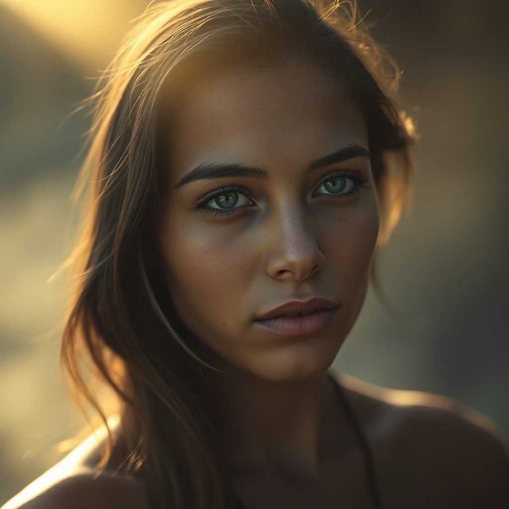 AI generated art for prompt: A captivating portrait photo showcases a young Aboriginal woman with melancholic blue eyes and rugge