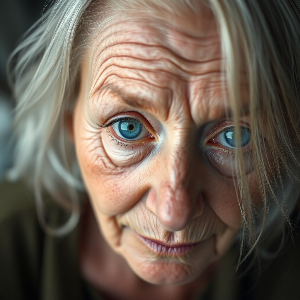 AI generated art for prompt: A serene close-up portrait exudes the wisdom of an elderly Slavic woman with deep blue eyes, framed 