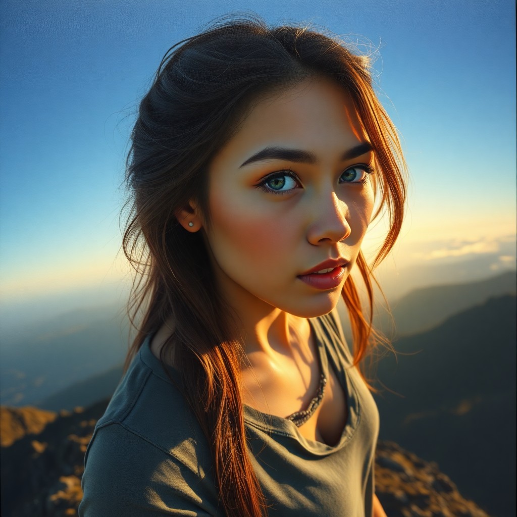 AI generated art for prompt: Craft a hyperrealistic oil painting of a young Pacific Islander woman with melancholic blue eyes and