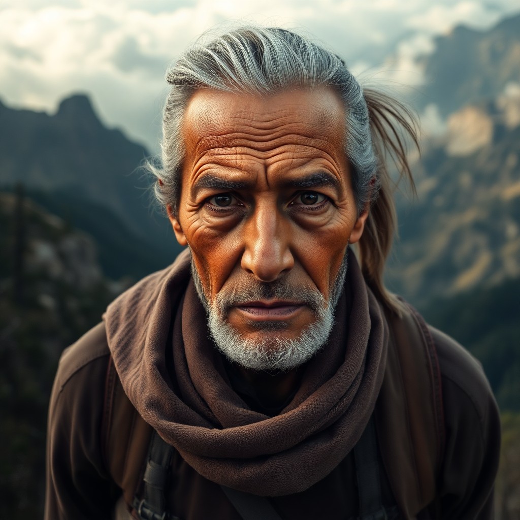 AI generated art for prompt: Craft a hyperrealistic portrait of an aged explorer with traditional features, intense eyes, and gra