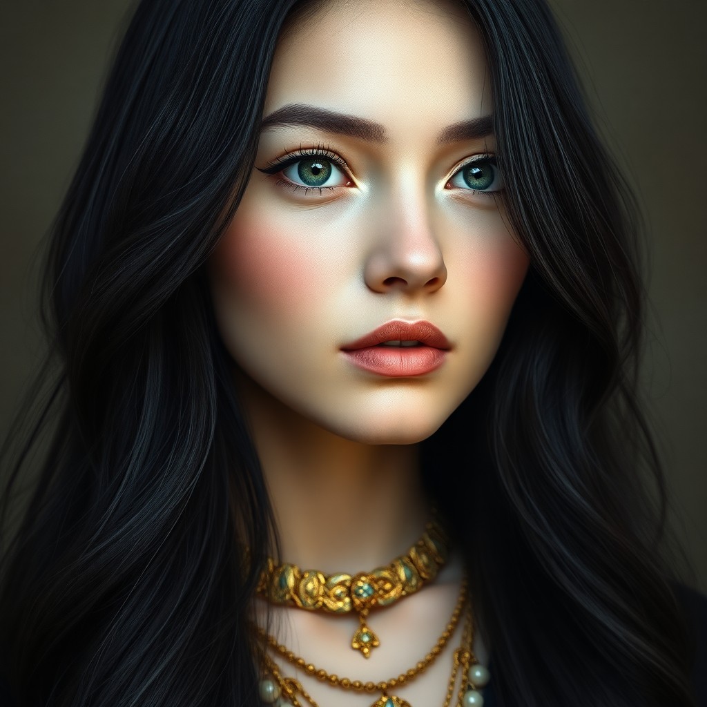 AI generated art for prompt: Craft a hyper-realistic portrait of a Central Asian woman with soft green eyes and raven hair flowin