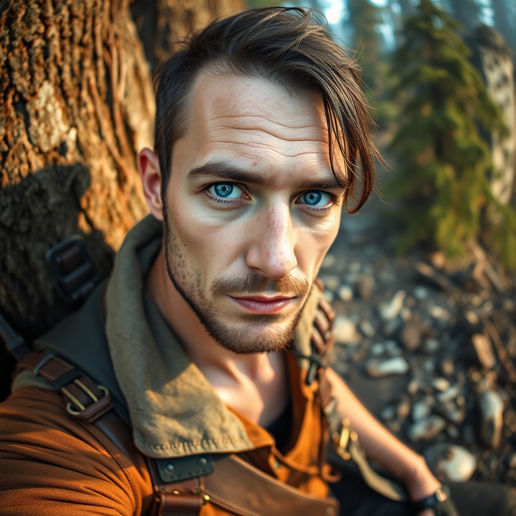 AI generated art for prompt: Craft a photorealistic portrait photograph showcasing a rugged yet elegant adventurer with worn skin