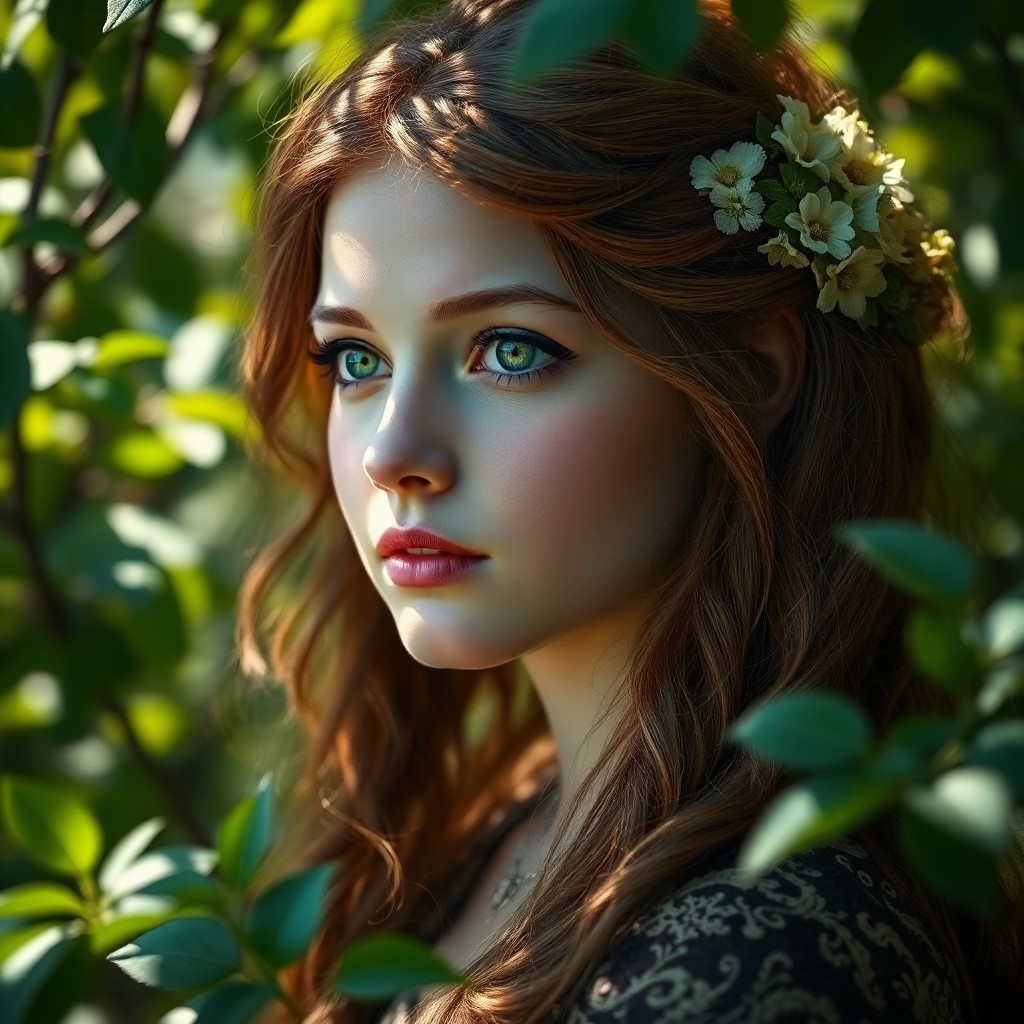 AI generated art for prompt: Craft a photorealistic portrait of a young Celtic woman with hazy green eyes and cascading chestnut 