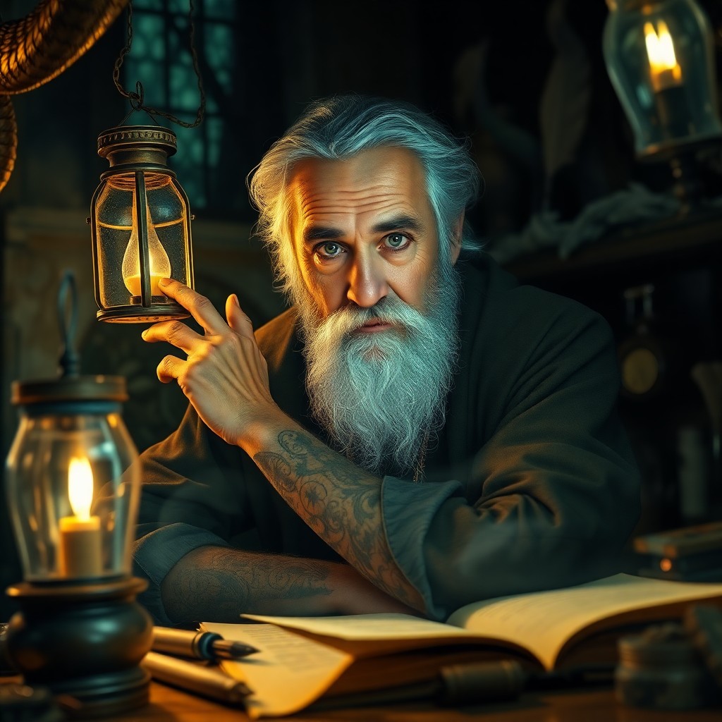 AI generated art for prompt: A super-realistic portrait showcases a wise old alchemist in his secluded forest laboratory, bathed 