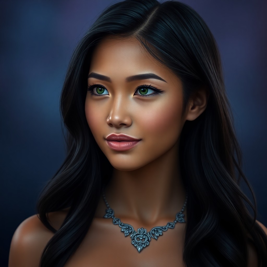 AI generated art for prompt: Craft a hyperrealistic digital portrait of a young Pacific Islander woman with olive skin and raven-