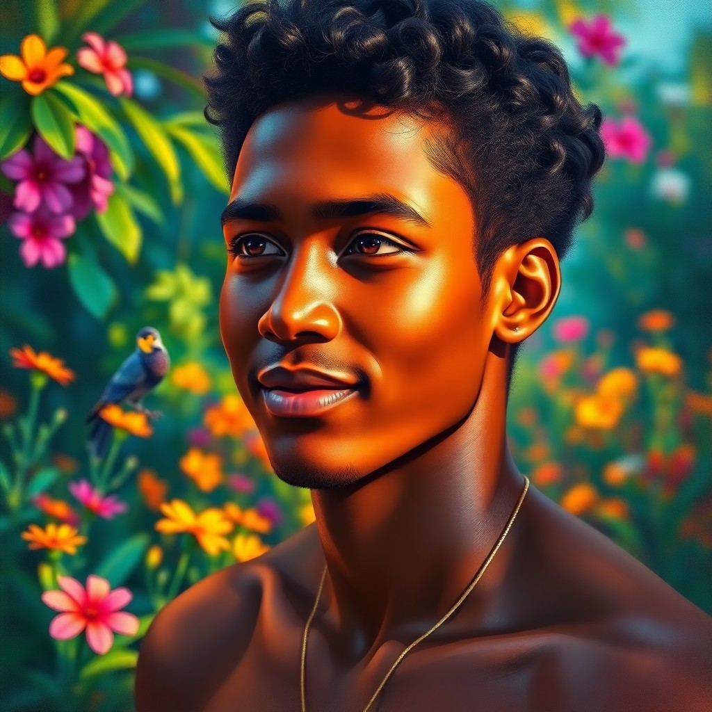 AI generated art for prompt: Craft an enchanting impressionist portrait of a young Melanesian man with olive skin and dark wavy h