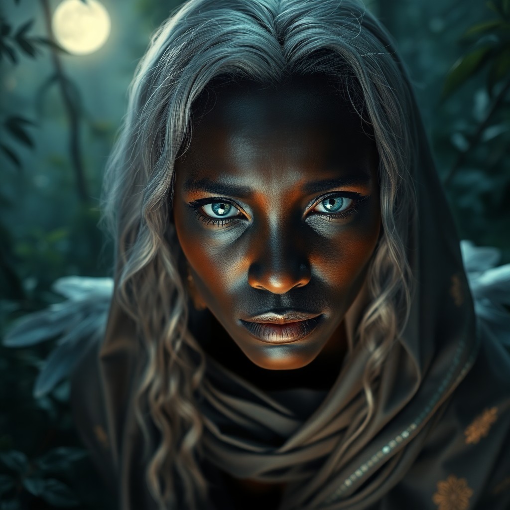 AI generated art for prompt: Craft a photorealistic portrait of an enigmatic African woman with silver hair and serene blue eyes,